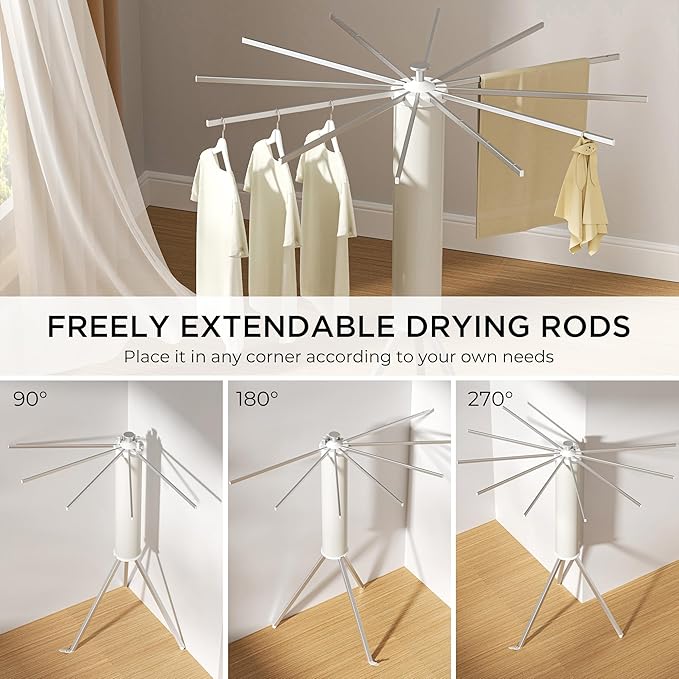 SUNOUTLY Tripod Clothes Drying Rack, Garment Rack Portable and Foldable Space Saving Laundry Drying Rack - Dryer Rack Clothing Floor Folding Balcony Bedroom Household (Silver(Aluminum), 12 rods)