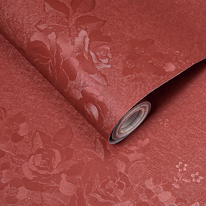 Dark Red Peel and Stick Wallpaper Textured Embossed Floral Contact Paper Peel and Stick 118inL78.7inW Retro Crimson Red Flower Self Adhesive Removable Wallpaper for Bathroom Waterproof Thicken