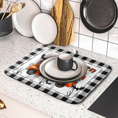 Holiday Truck Dish Drying Mat - Orange Holiday Absorbent Microfiber Dish Drying Pad for Kitchen Counter