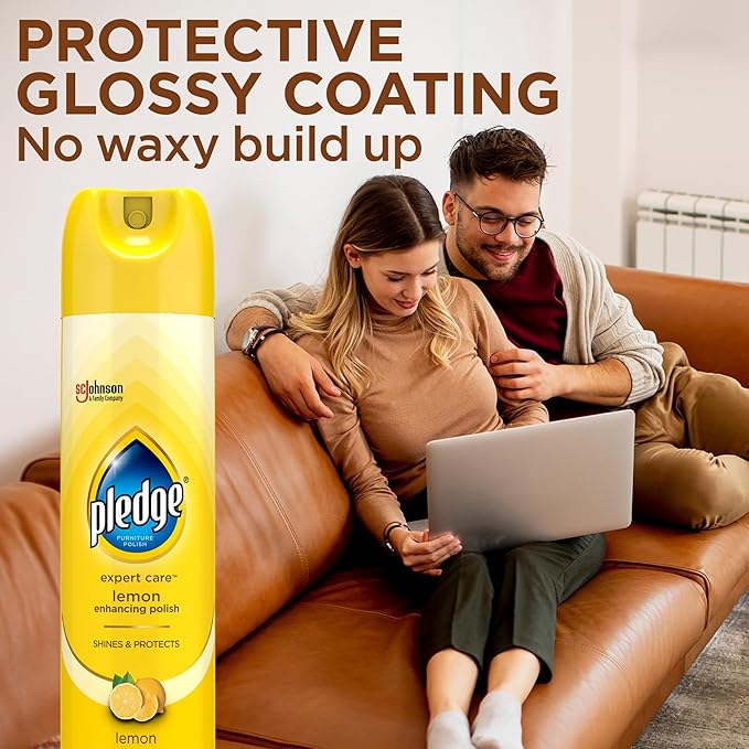 Pledge Enhancing Polish Spray, Wood Furniture & Stainless Steel Polish, Remove Dust and Fingerprints, Fast Shine and Protect, Prevent Scratches & Knicks - Lemon Scent, 9.7oz, Pack of 2