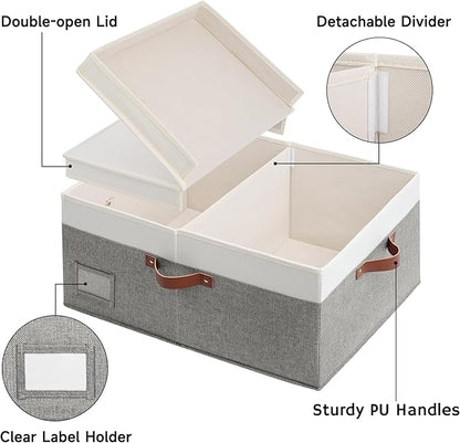 GRANNY SAYS Decorative Storage Boxes with Lids, Collapsible Large Closet Storage Bins with Label, Fabric Storage Bins for Clothes, White&Gray