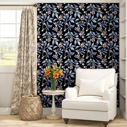 Dark Peel and Stick Wallpaper Vintage, Black Blue Leaf Removable Self-Adhesive Vinyl Contact Paper for Bathroom Bedroom Drawer Cabinet, Black Navy Gold Floral Design Retro Style 17.5" x 118"