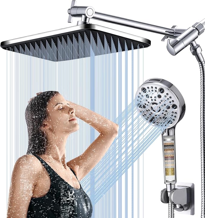14‘’Large High Pressure Filtered Shower Head Combo-9 Spray Modes Handheld Showerhead with Filters,Dual Shower Heads ，70" Anti-Kink Hose ，11" Adjustable Extension Arm for couple Bathroom