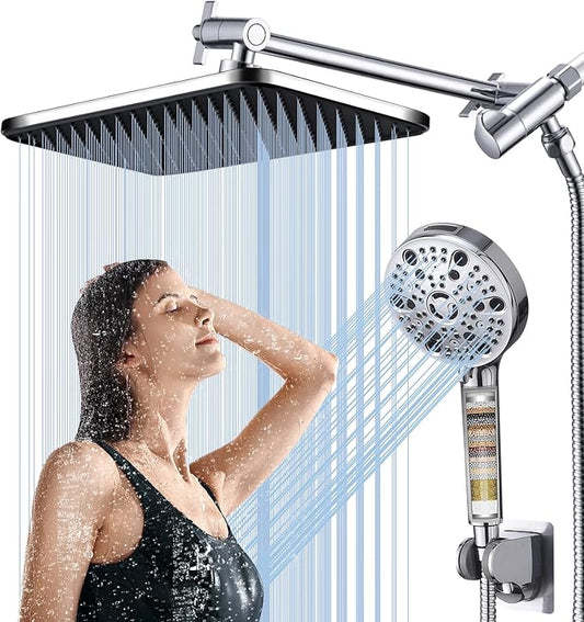 14‘’Large High Pressure Filtered Shower Head Combo-9 Spray Modes Handheld Showerhead with Filters,Dual Shower Heads ，70" Anti-Kink Hose ，11" Adjustable Extension Arm for couple Bathroom