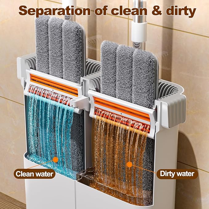 Flat Mop and Bucket System - Mop and Bucket with Wringer Set for Home | Wet Dry Mop for Apartment, Tiny Home, Windows, Wall, Hardwood Floor, RV with 6 Reusable Microfiber Cloth