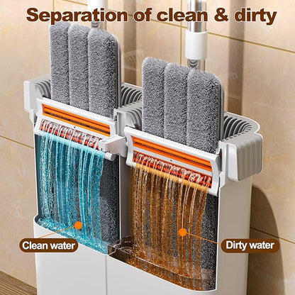 Flat Mop and Bucket System - Mop and Bucket with Wringer Set for Home | Wet Dry Mop for Apartment, Tiny Home, Windows, Wall, Hardwood Floor, RV with 6 Reusable Microfiber Cloth