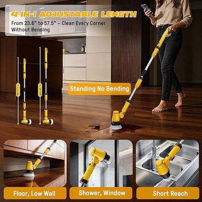 Electric Spin Scrubber Compatible with DeWalt 20V Battery, Ecarke Cordless Cleaning Brush with 4-Stage Handle, 8 Cleaning Heads for Bathroom/Floor/Kitchen/Tub/Tile, 2 Speeds – Tool Only