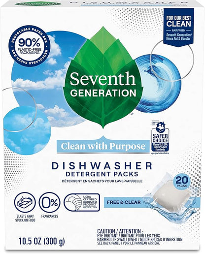 Seventh Generation Dishwasher Detergent Packs, Blasts Away Stuck-On Food, Free & Clear, 20 Packs