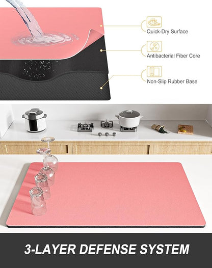 Rnivvi Dish Drying Mat for Kitchen Counter, 12 x 19" Super Absorbent Drainer Pad Easy Clean Dish Rack Pad, Non-Slip Heat Resistant Coffee Bar Mats for Coffee Machine Station Accessories, Rose Pink