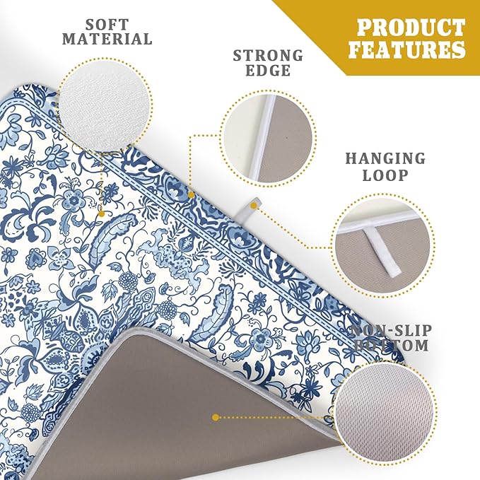 Chinoiserie Floral Dish Drying Mat for Kitchen Counter Blue and White Flowers Pattern Dish Drying Pad 16”x18”Absorbent Reversible Seasonal Decor Dishes Drainer Pad Dish Dry Rack Mat for Counter top