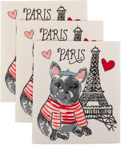 DII Swedish Dishcloths for Kitchen & Cleaning, Reusable, Machine Washable & Dishwasher Safe, Biodegradable, 7.75 x 6.75, Dog in Paris, 3 Piece