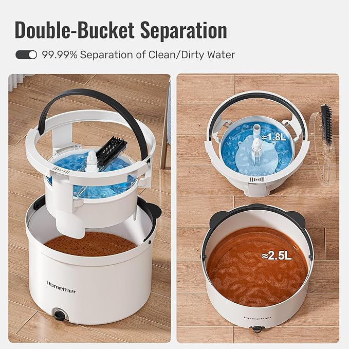Mop and Bucket Set, Spin Mop and Detachable Inner Mop Bucket with Separate Dirty/Clean Water System, Self-Wringing Square Mops for Floor/Wall Cleaning with 6 Microfiber Pads