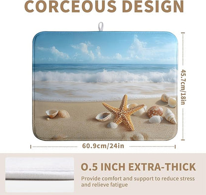 Summer Ocean Beach Blue Dish Drying Mat Sea Shell Starfish Large Kitchen Mat Dish Drying Pad Absorbent Dish Dryer Mat for Kitchen Countertops Microfiber Drainer Pad Dish Drying Rack Mat (18x24 in)