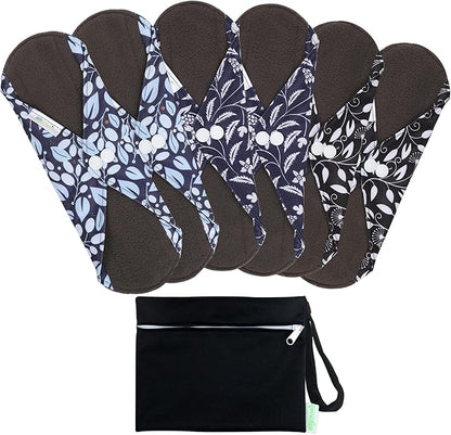 wegreeco Reusable Menstrual Pads - Reusable Sanitary Pads | Reusable Panty Liners | Soft Cloth Menstrual Pads - 6 Pack with 1 Cloth Mini Wet Bag (Large, Leaves 02)