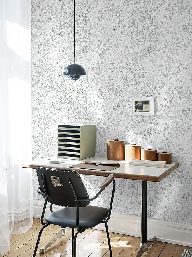 Heroad Boho Peel and Stick Wallpaper Floral Contact Paper for Cabinets Drawers Grey Wall Paper Waterproof Self Adhesive Leaf Wallpaper for Bedroom Bathroom Removable Decor Vinyl Roll 15.5''x78.7''
