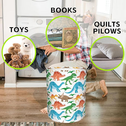 Laundry Basket Cute Dinosaurs Laundry Hamper Large Laundry Basket Storage Basket Tote Bag Collapsible Organizer Basket for Bathroom,Laundry,Bedroom 17.3 x16.5 Inch