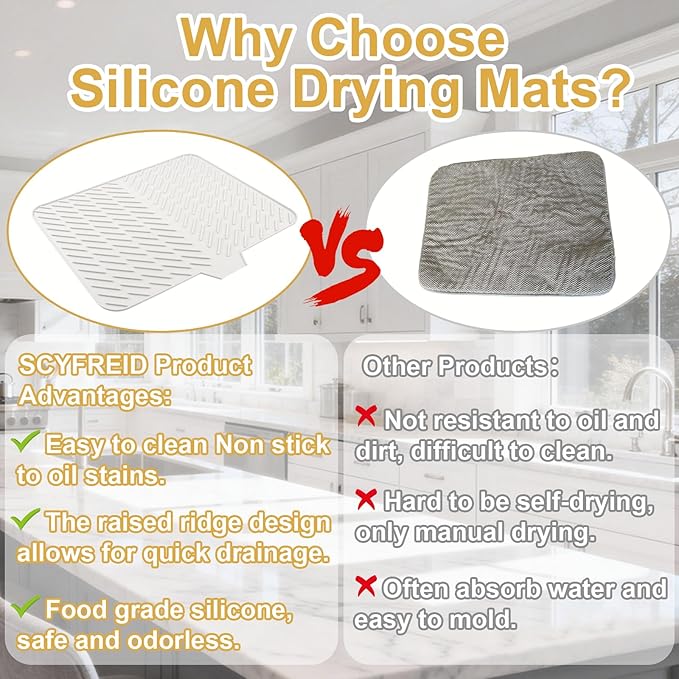 Silicone Dish Drying Mat 23x17 Multiple Usage,Easy clean,Eco-friendly,Heat-resistant Silicone Mat Dish Drying Mats For Kitchen Counter or Sink,Refrigerator or Drawer liner White 23inchx17inch