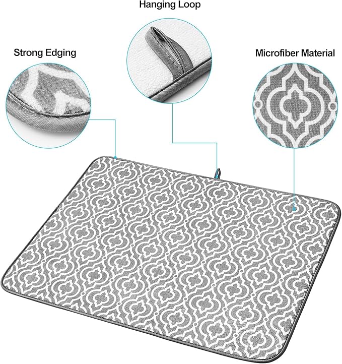 SUBEKYU 24" x 18" Dish Drying Mat, Dish Mat Drying Kitchen Mat Large, Absorbent Microfiber Dish Drainer/Rack Pads, XL, Grey, 2 PACK