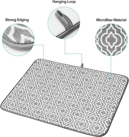 SUBEKYU 24" x 18" Dish Drying Mat, Dish Mat Drying Kitchen Mat Large, Absorbent Microfiber Dish Drainer/Rack Pads, XL, Grey, 2 PACK