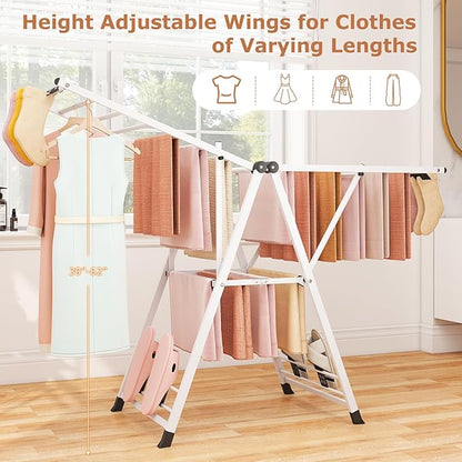 Giantex Clothes Drying Rack, Foldable Metal Laundry Drying Rack with Height Adjustable Wings, 16 Drying Rails, Sock Clips & Shoe Racks, Freestanding Clothing Stand for Indoor & Outdoor, White