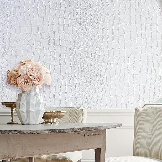 Peel & Stick Wallpaper - 15.7" x 393" White Crocodile Textured Wallpaper, Easy Peel Off, Removable, Renter Friendly