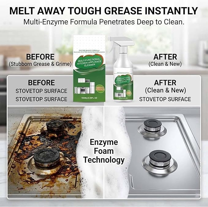 Multi-Purpose Enzyme Foam Cleaner Spray - Powerful Kitchen Appliance Degreaser for Range Hood, Oven & Countertop - Includes Streak-Free Cloth - 100ml (3Pcs)