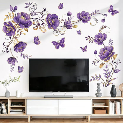 wondever Purple Gold Flowers Wall Stickers Flower Vine Butterfly Floral Peel and Stick Wall Art Decals for Sofa TV Background Living Room Bedroom