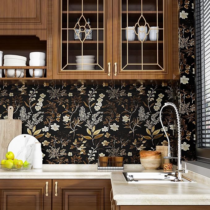 Fvlow Vintage Wallpaper Peel and Stick Black Floral Wall Paper 17.4" x 118" Black Gold Contact Paper Self-Adhesive Wall Covering for Bedroom Desk Cabinet Decor