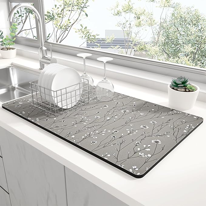 Rnivvi Dish Drying Mat for Kitchen Counter, 12 x 19" Cute Flower Theme Super Absorbent Draining Pad, Non-Slip Heat Resistant Coffee Bar Mats for Coffee Machine Station Accessories, Grey Dish Rack Pad