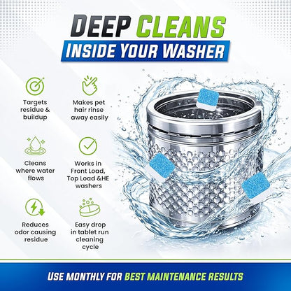 Washing Machine Cleaner Tablets 25 Pack – Rinses Away Pet Hair Trapped by Residue & Buildup, Compatible with Front Load, Top Load & HE Washers, Reaches Drum, Seal, Hoses & Pipes for Deep cleaning