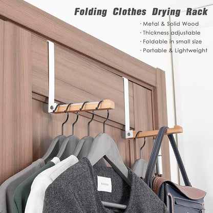 2 Pack Folding Clothes Drying Rack, Thickness Adjustable, Metal/Wooden, Portable, Lightweight, Heavy Duty, Over The Door Hooks for Laundry (White)