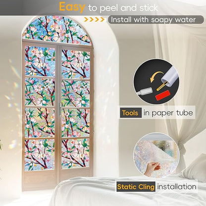 Rainbow Window Privacy Film Decorative Window Sticker, 3D Static Stained Glass Cling Tint for Home Heat Control Non-Adhesive, 23.6 x 78.7 inches
