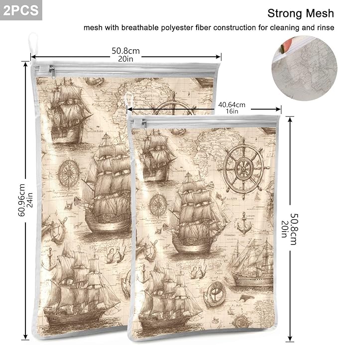 Mesh Laundry Bags Lingerie Bags for Washing Delicates 2 PCS Durable Wash Bag with Zipper Small and Medium Washable Vintage World Map Pirate Sailing Ship Anchor