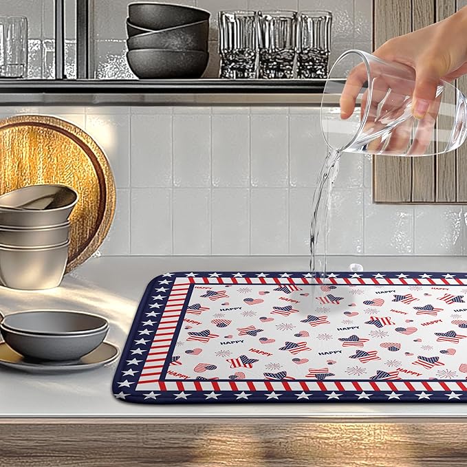 4th of July Dish Drying Mats for Kitchen Counter Patriotic Independence Day Kitchen Dishes Dryer Pad Stars Absorbent Dish Mat Microfiber Washable Foldable Reusable Large 18x24 in