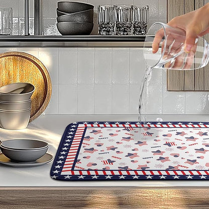 4th of July Dish Drying Mats for Kitchen Counter Patriotic Independence Day Kitchen Dishes Dryer Pad Stars Absorbent Dish Mat Microfiber Washable Foldable Reusable Large 18x24 in