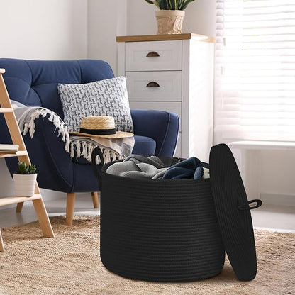 18" X 14" Large Black Basket with Lid, Cotton Rope Storage Basket for Blanket, Toy, Pillow, Towel, Living Room Bedroom Storage Bin, Wicker Woven All Black Organizing Bin with Cover