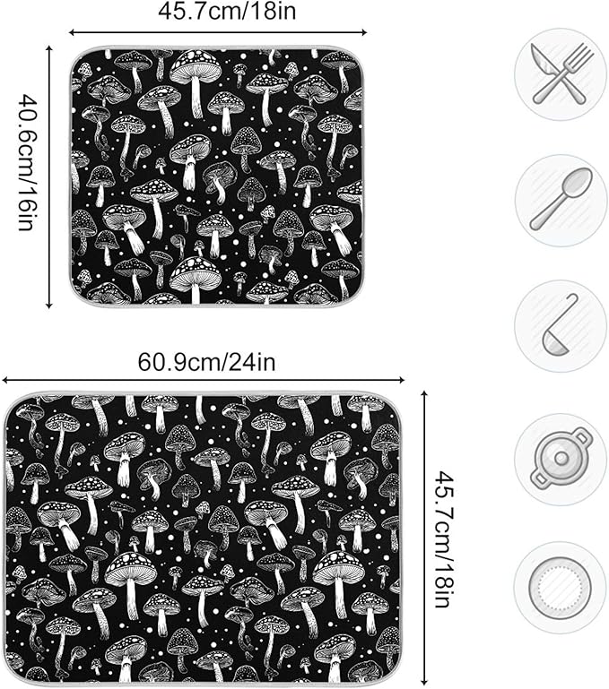 Eucalyptus Leaves Dish Drying Mat for Kitchen Countertop 18x24 Black White Floral Leaf Large Drying Mat Reusable Quick Dry Dish Sink Absorbent Mats Dishwasher Easy Clean Decorative Home Essentials