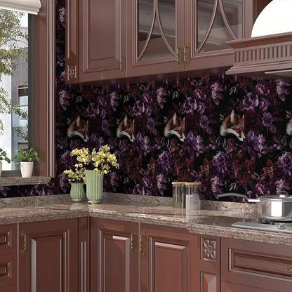 Fox Floral Animal Wallpaper Peel and Stick, Dark Purple/Red Goth Contact Paper, Black Vintage Gothic Wall Paper Self Adhesive Removable Waterproof for Bedroom Shelf Cabinet Drawer Table 17.5" x 118"