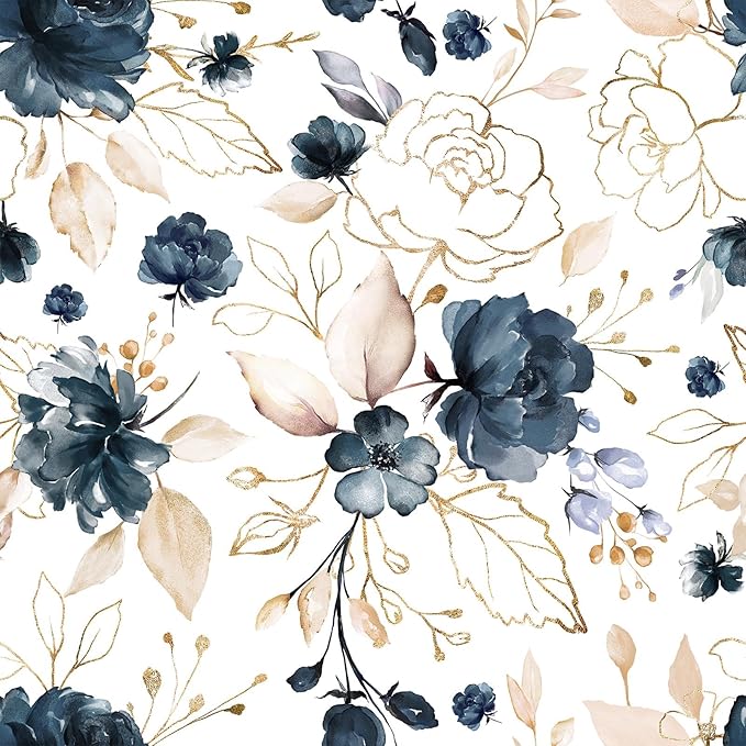 Navy Blue Floral Peel and Stick Wallpaper Self Adhesive Removable Thick Vinyl Watercolor Botanical Flower Gold Line Accent for Bedroom Bathroom Living Room Accent Wall 17.7" x 393.3"