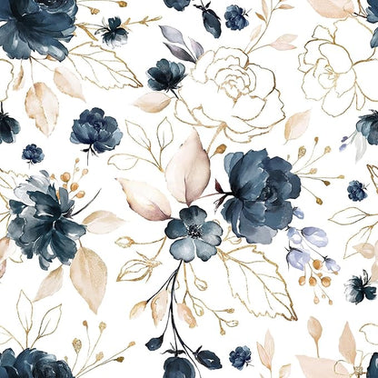 Navy Blue Floral Peel and Stick Wallpaper Self Adhesive Removable Thick Vinyl Watercolor Botanical Flower Gold Line Accent for Bedroom Bathroom Living Room Accent Wall 17.7" x 393.3"