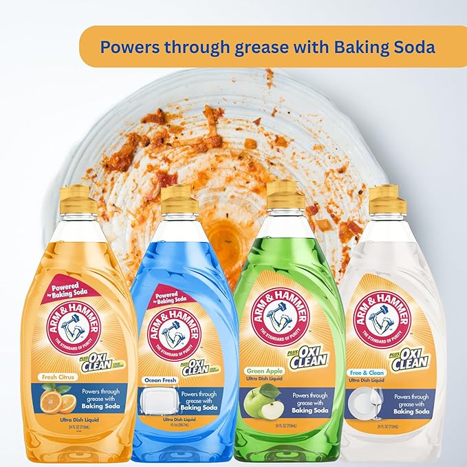 Arm & Hammer + OxiClean Dish Soap, Ocean Fresh Scent, 24 oz, Powerful Grease-Cutting Liquid Dish Detergent