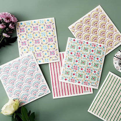 RECYCO Swedish Dishcloths for Kitchen | 6 Pack Boho Mosaic Bliss Washable Dish Rags | Cellulose Reusable Cleaning Paper Towels | Absorbent Counter Dish Cloth Sponge Kitchen Wipes, 8" L x 7" W