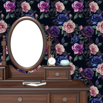 Deep Purple and Blue Roses Peel and Stick Wallpaper 17.5"X118" Gothic Vintage Floral Contact Paper Vinyl Waterproof Self Adhesive Removable Black Background Wall Decor for Bedroom Walls Cabinet Locker