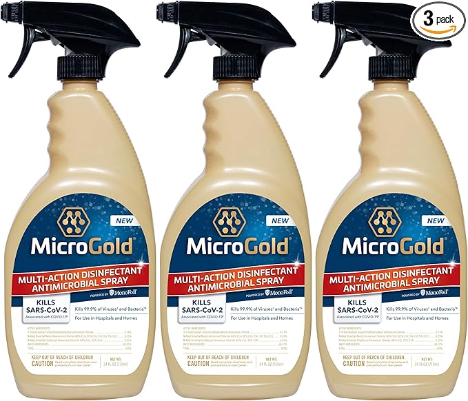 MicroGold Multi-Action Disinfectant Antimicrobial Spray Tested and Proven Effective to Kill the COVID-19 Virus, Kills 99.9% of Viruses and Bacteria, 24 Fluid Ounces, 3 Pack
