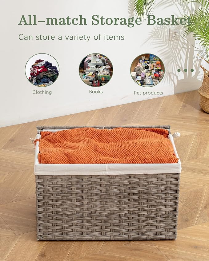 Storage Basket with Lid, PE Rattan Woven Storage Baskets with 2 Separate Lids, 17.2 Gallon (65 L), 22.2 x 13 x 13.8 Inches, 2 Removable Liner Bags Handles for Bedroom, Laundry Room Gray