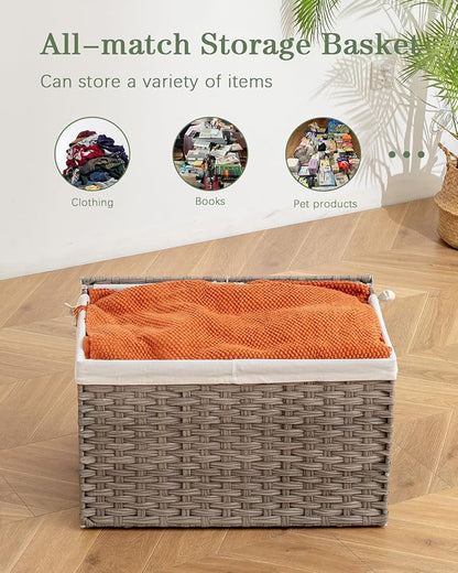 Storage Basket with Lid, PE Rattan Woven Storage Baskets with 2 Separate Lids, 17.2 Gallon (65 L), 22.2 x 13 x 13.8 Inches, 2 Removable Liner Bags Handles for Bedroom, Laundry Room Gray