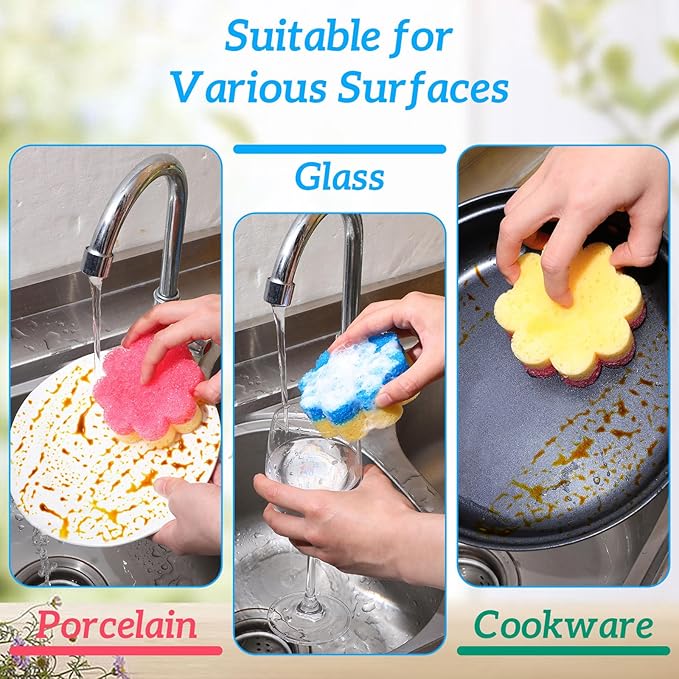 3pcs Scrubbies for Dishes,Kitchen Scrub Pads,Dish Washing Sponge,Dual-Sided Temperature Scrubby Sponges,Flower Dual-Sided Sponge for Dish,Bathroom,Kitchen,Washing & Plus,Multipurpose