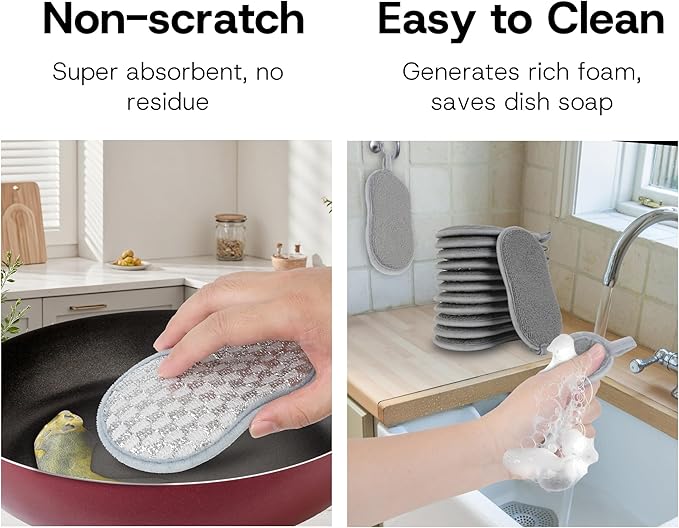 Multi-Purpose Scrub Kitchen Sponges – 12 Pack Dish Sponge, Dual-Sided Non-Scratch Microfiber & Metal Scrubber, Reusable Sponges for Dishes, Pots, Glass, Sink, Stovetop & Bathroom (Blue+Sliver)