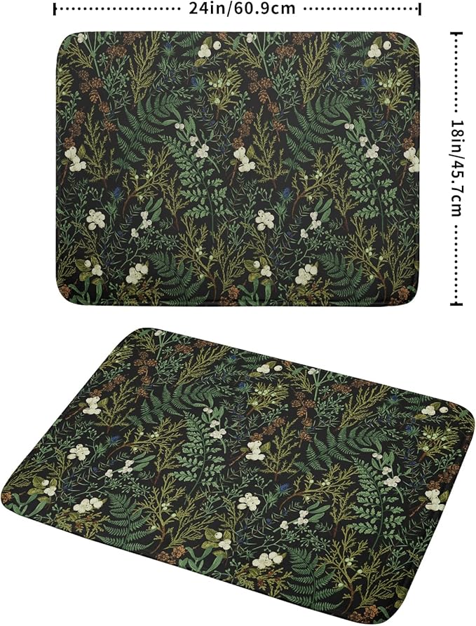 Black Sage Green Plant Dish Drying Pad 18 x 24 Inch with Absorbent Reversible Microfiber Vintage Botanical Fern Leaves Floral Drying Mats For Kitchen Counter Dining Room Decoration