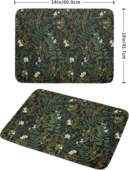 Black Sage Green Plant Dish Drying Pad 18 x 24 Inch with Absorbent Reversible Microfiber Vintage Botanical Fern Leaves Floral Drying Mats For Kitchen Counter Dining Room Decoration